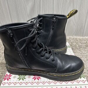 Kids Dr Martens Black Leather Combat Boots Side Zip Lace Yellow Stitch Size K7